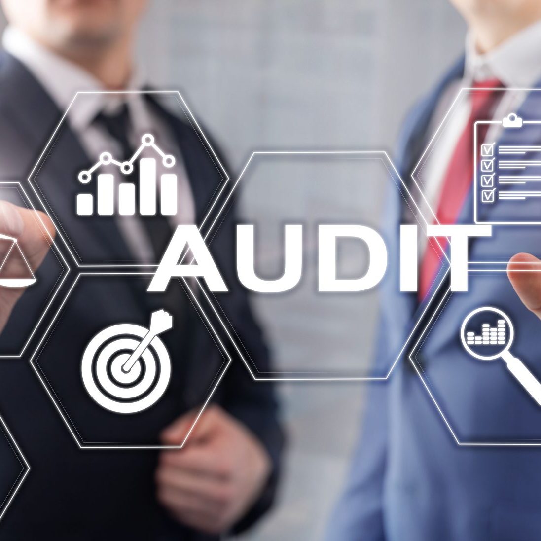 Audit business and finance concept. nalysis Annual Financial Statements, Analyze return on investment. Mixed media abstract background